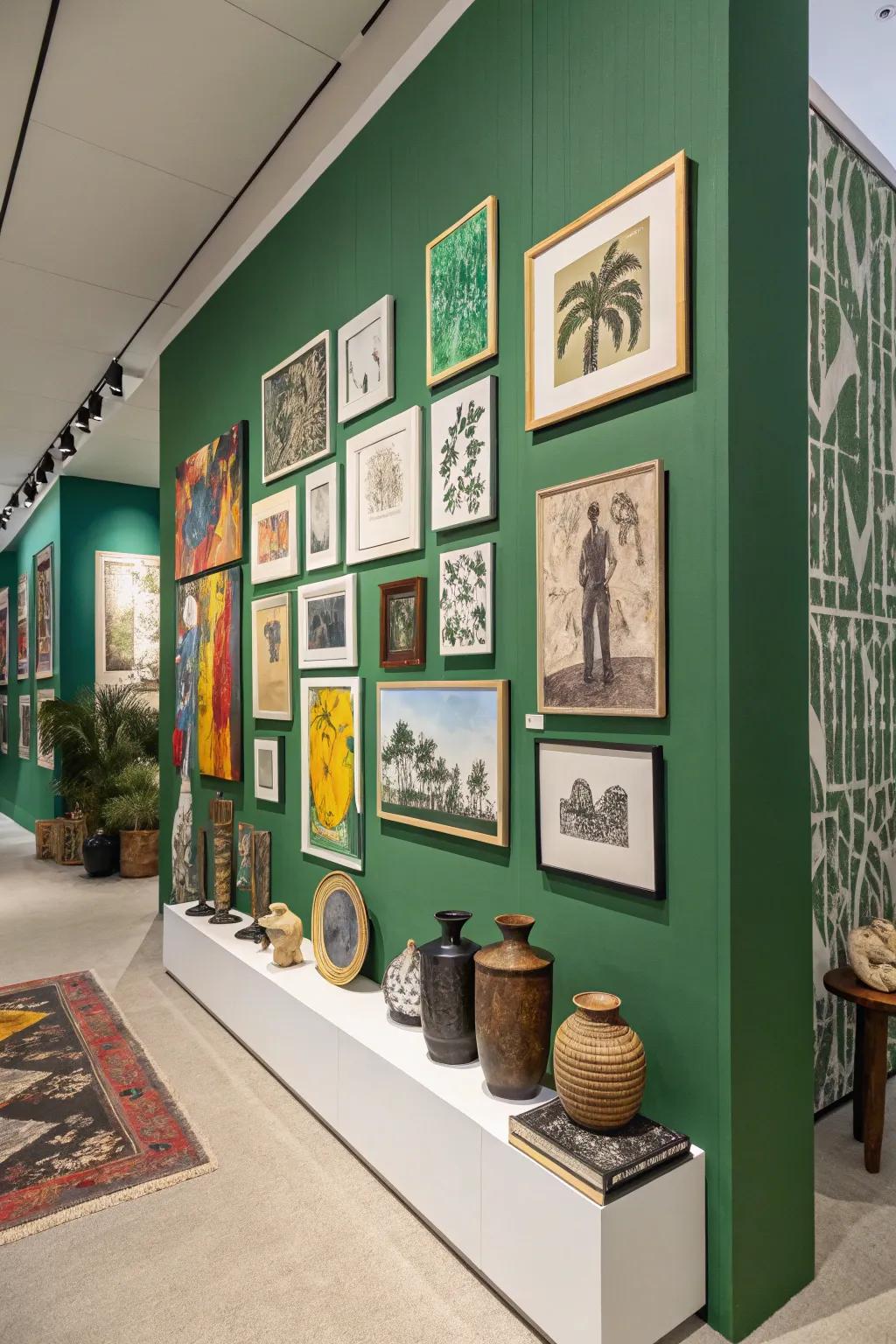 A gallery wall against green creates a stunning contrast.