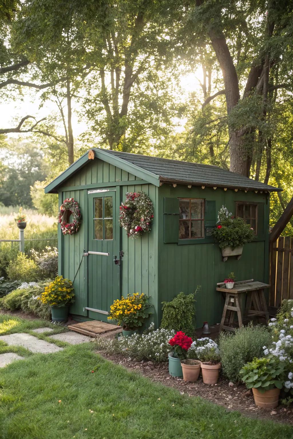 Nature-inspired decor enhances the beauty of a green shed.