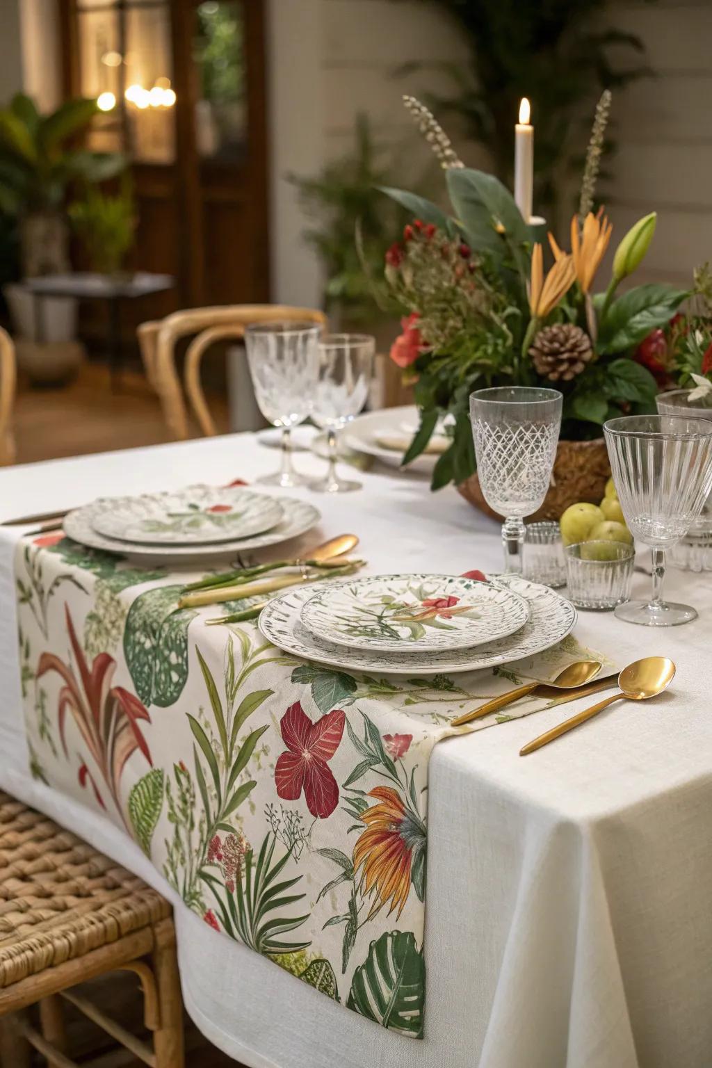 Botanical print linens bringing a garden-like feel.