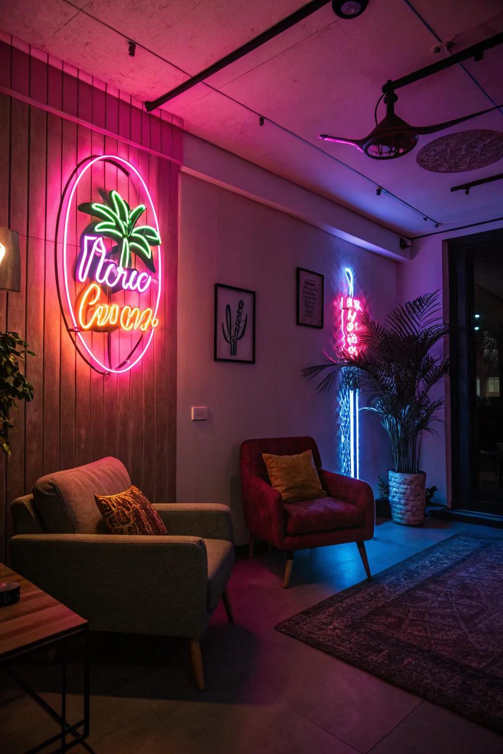 Neon signs add a vibrant, modern touch to your room.