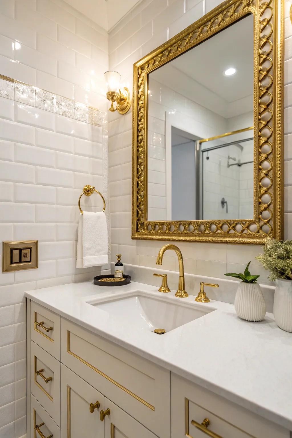 Gold accents add a luxurious touch to this modern bathroom.