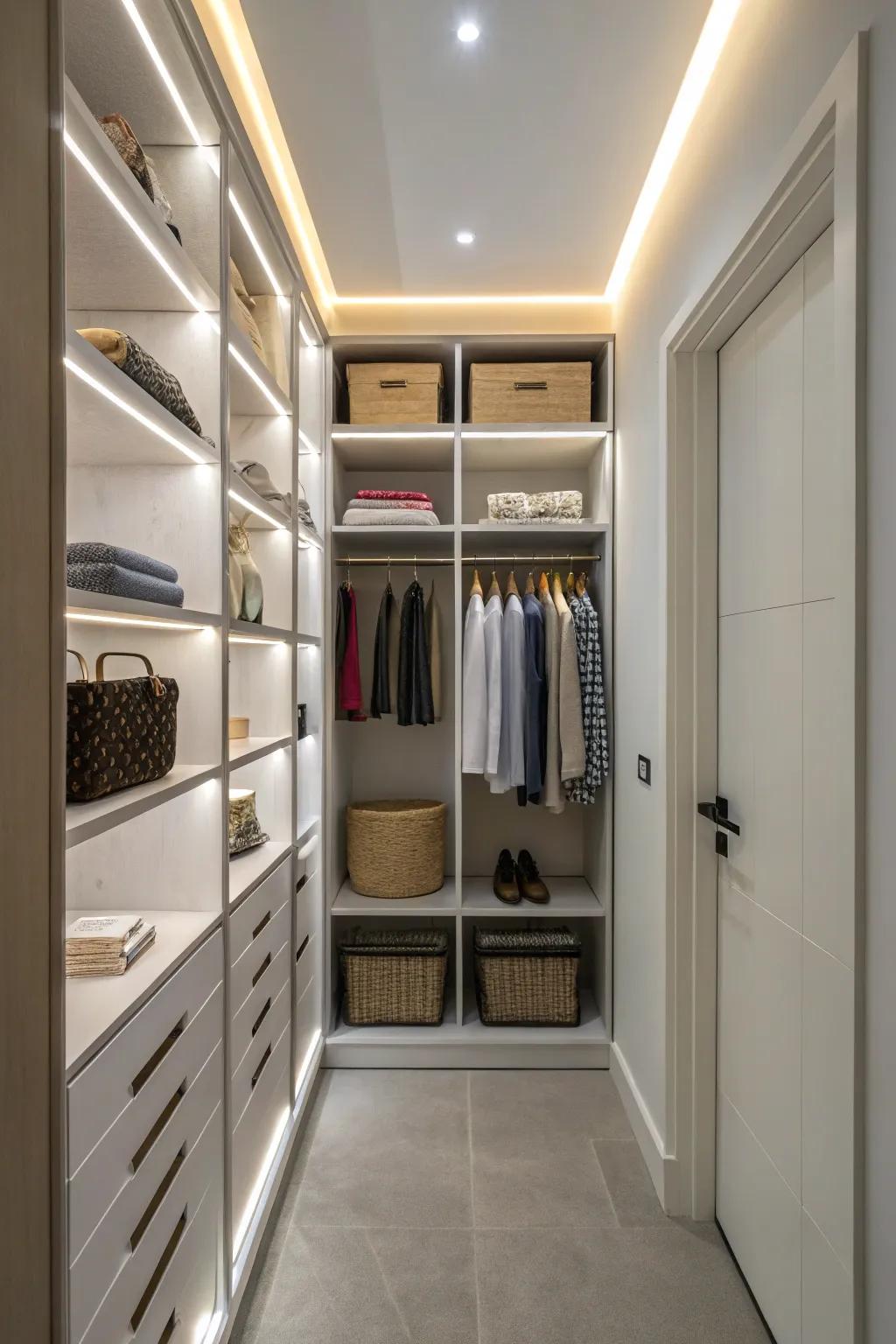 LED lighting in a hallway closet for enhanced visibility and ease of use.