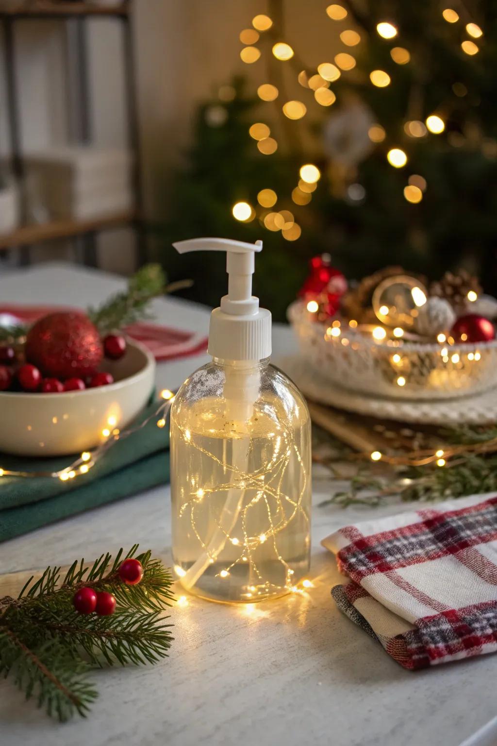 Hand soap illuminated with twinkling mini lights