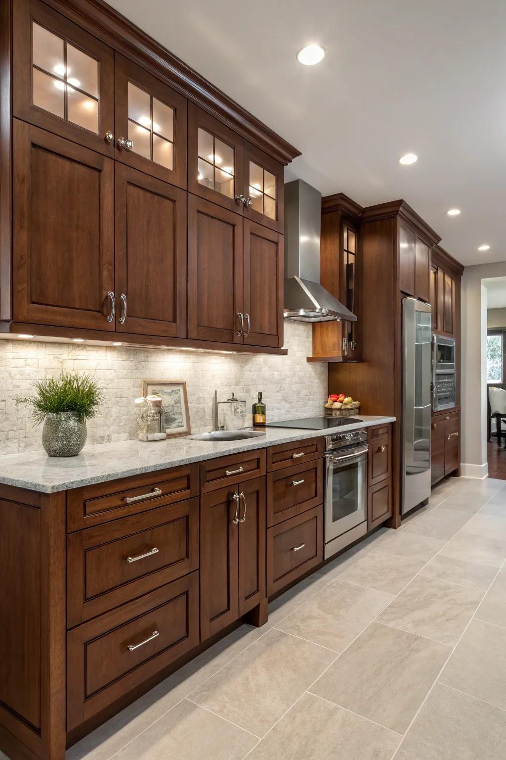 Pewter hardware adds subtle elegance to cherry cabinets.