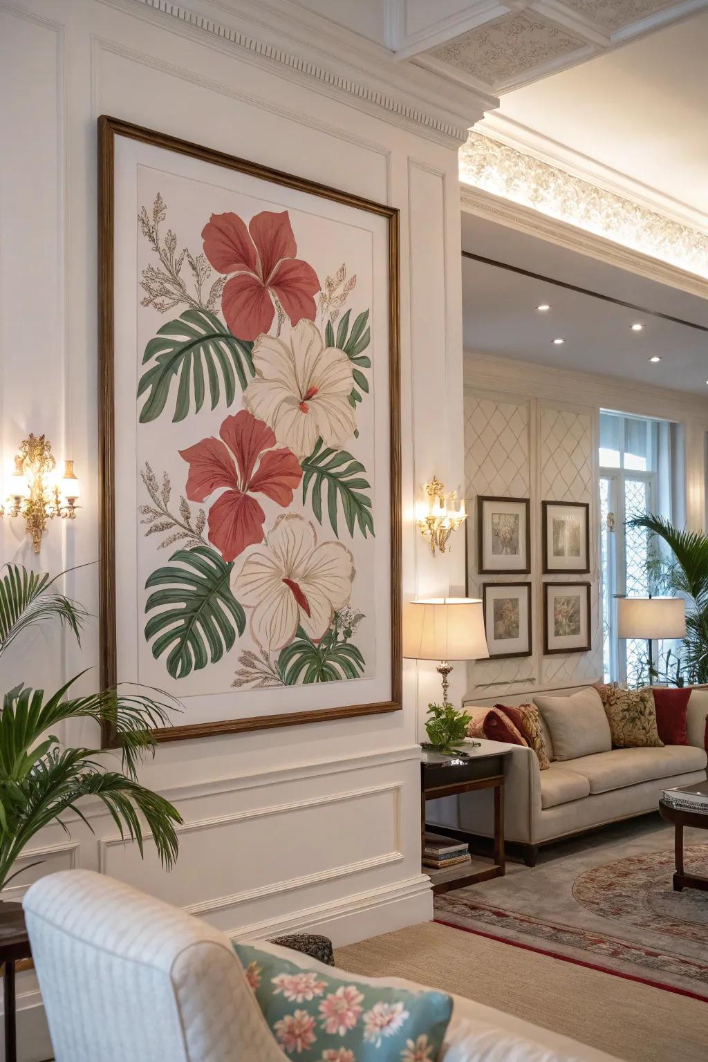 A poster with hibiscus motifs adding elegance to a living room.