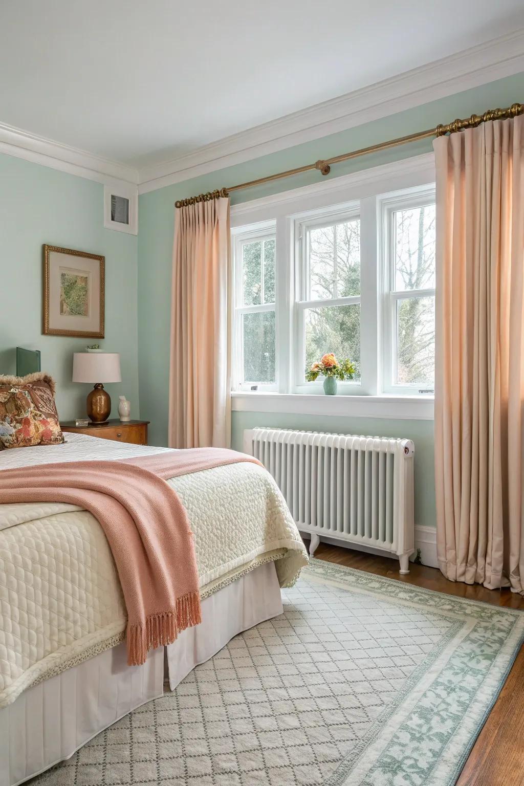 A serene bedroom equipped with hydronic baseboard heaters for a quiet and cozy environment.