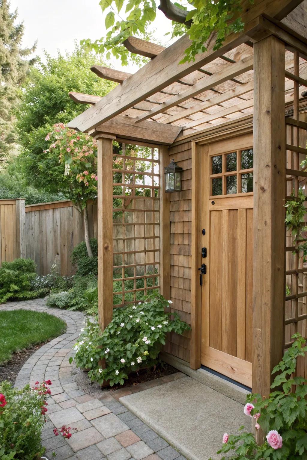 A pergola hides a secret entrance in the garden.