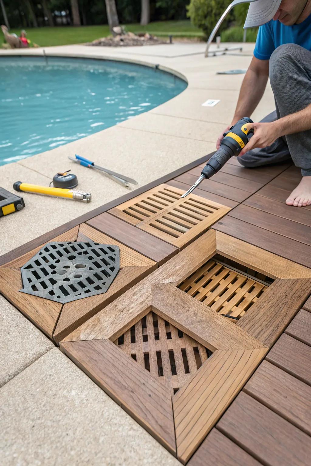 DIY drain covers match the deck's aesthetic perfectly.