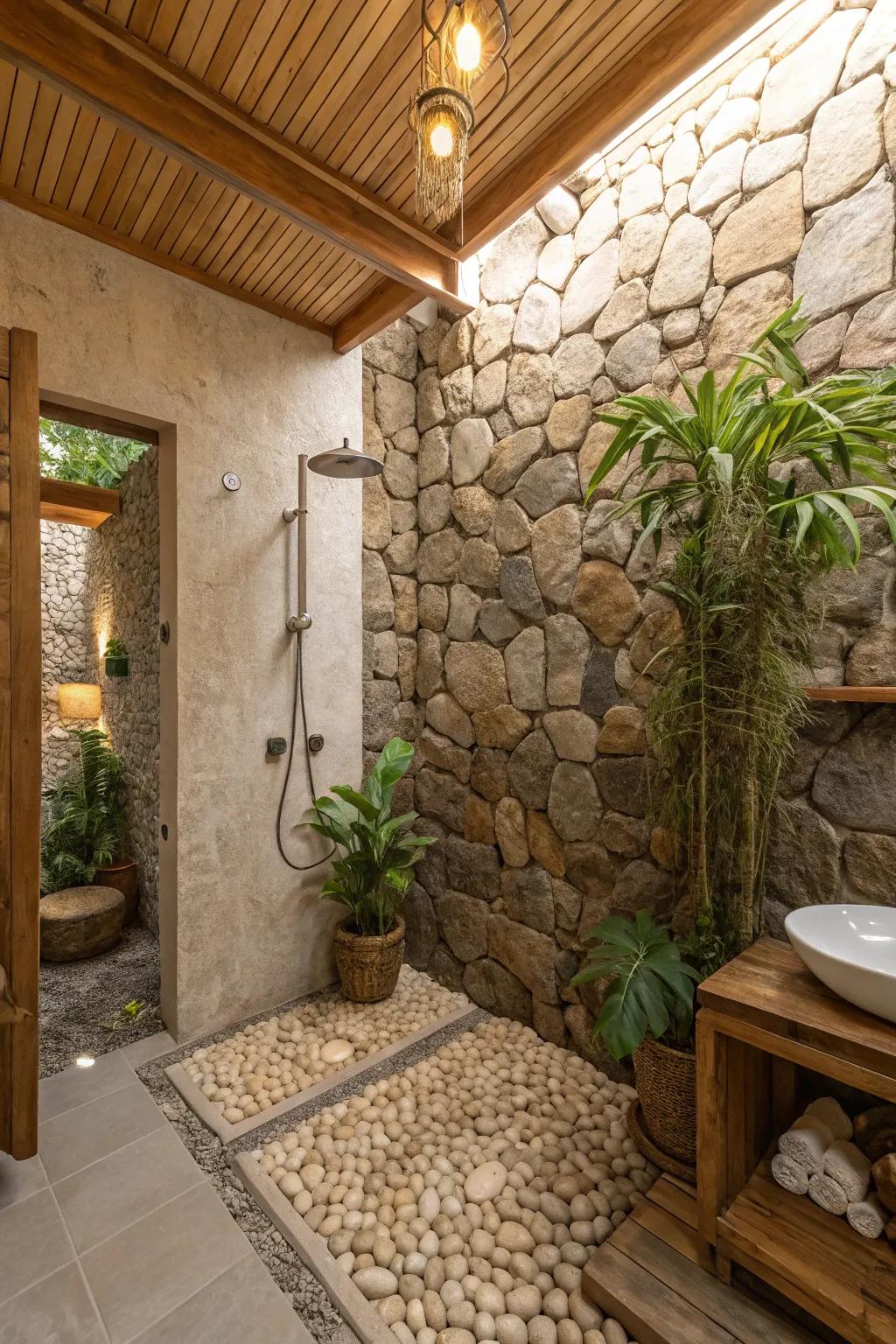 Stone textures create a natural harmony in hidden shower spaces.