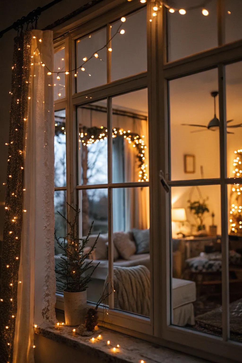 Windows aglow with festive twinkling lights.