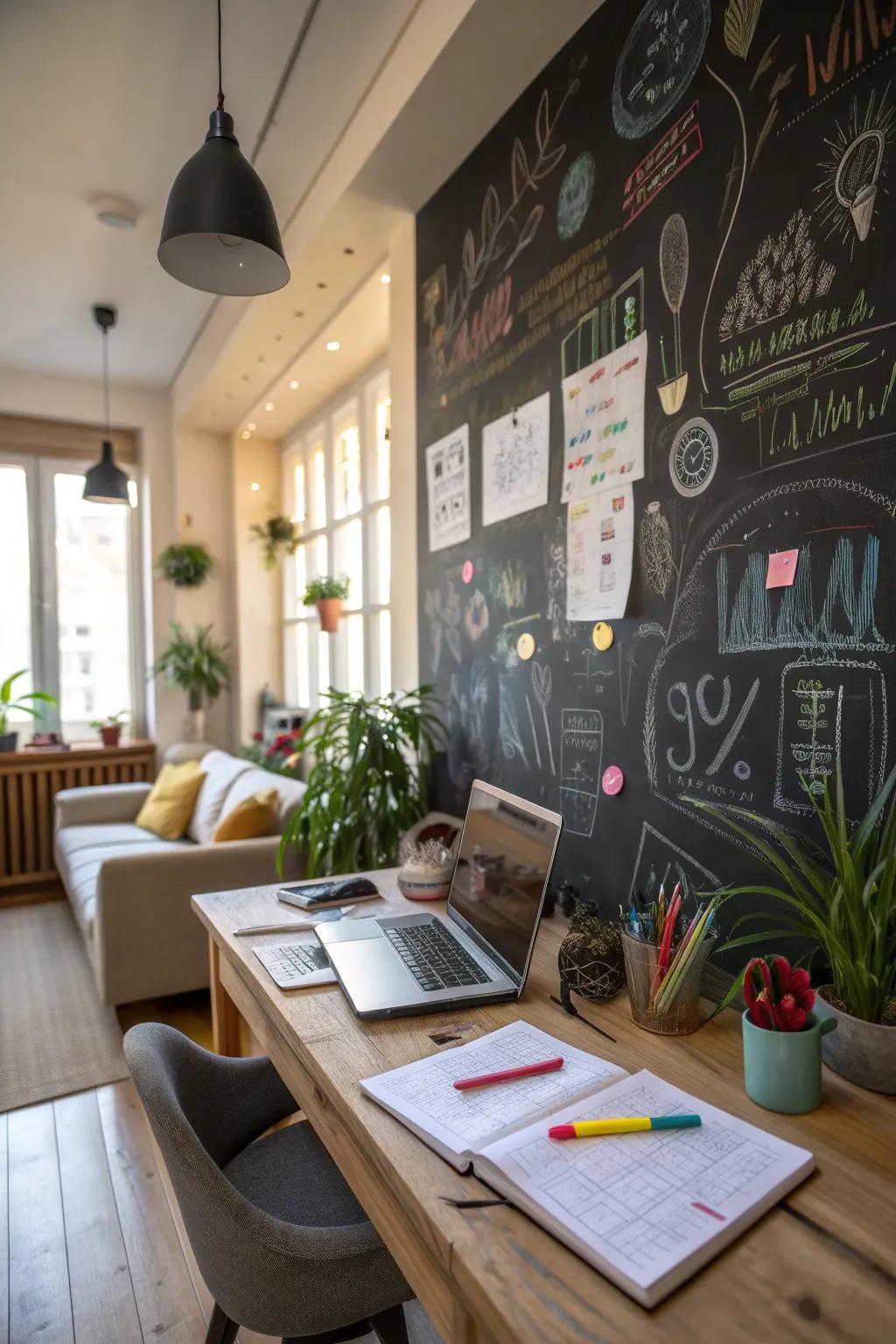 A chalkboard wall is a creative and functional feature.