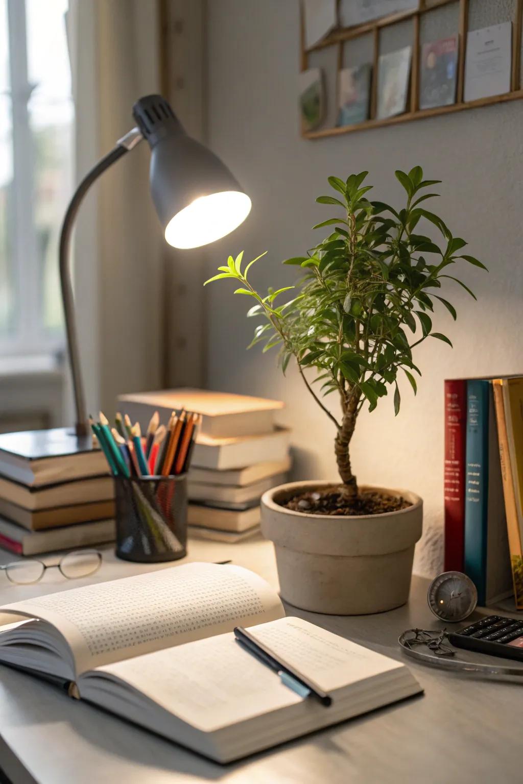 A touch of greenery adds calm to study sessions.