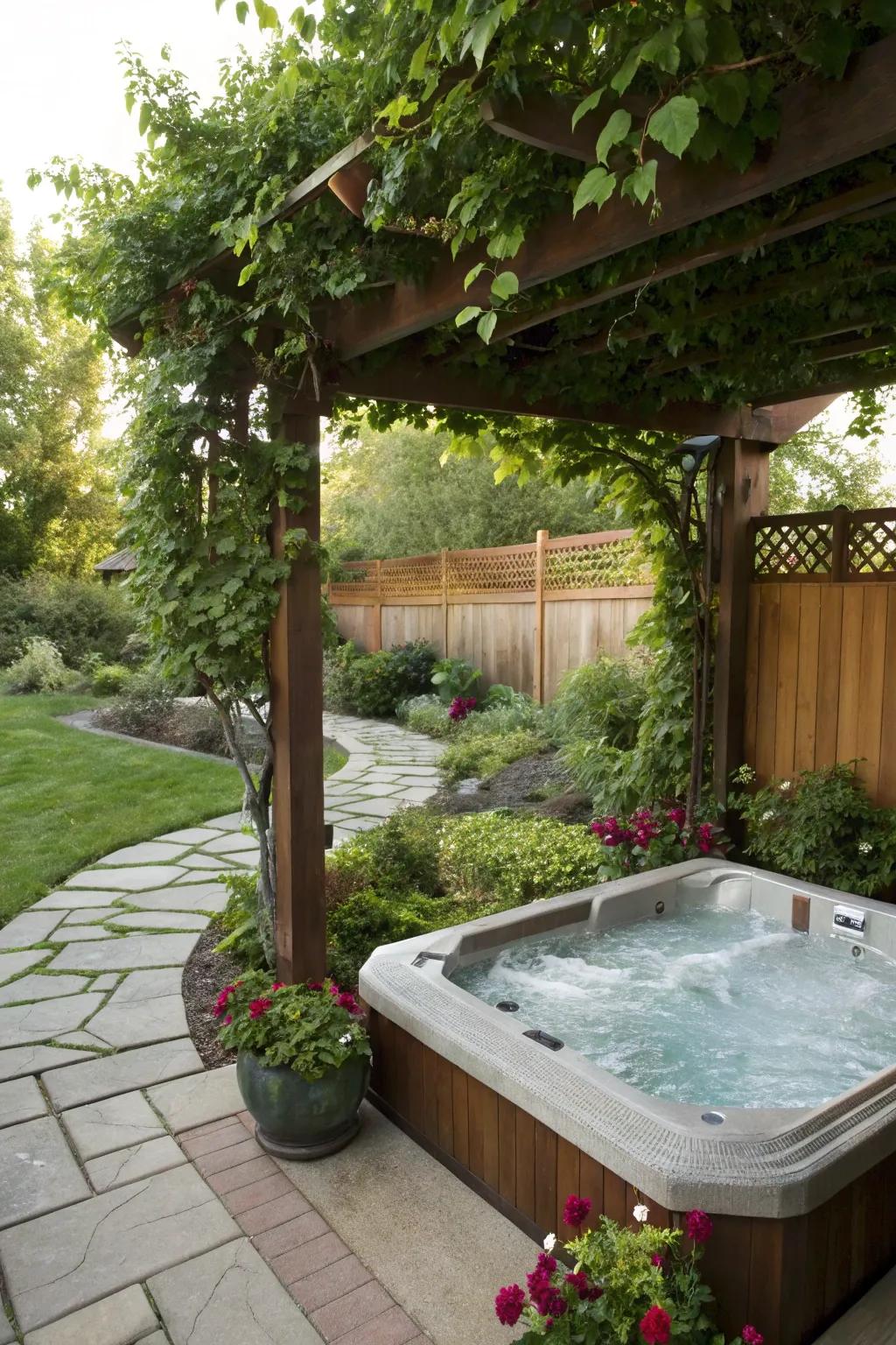 A hot tub under a pergola for added style and shade.