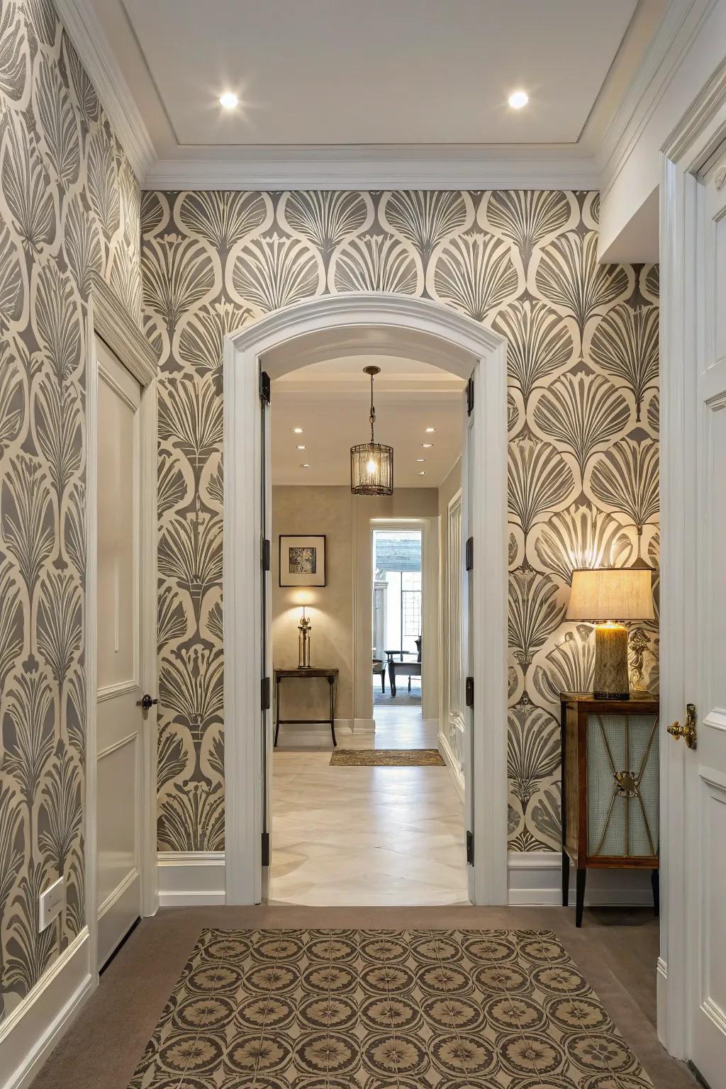 Unique wallpaper adds visual interest and enhances the entryway.