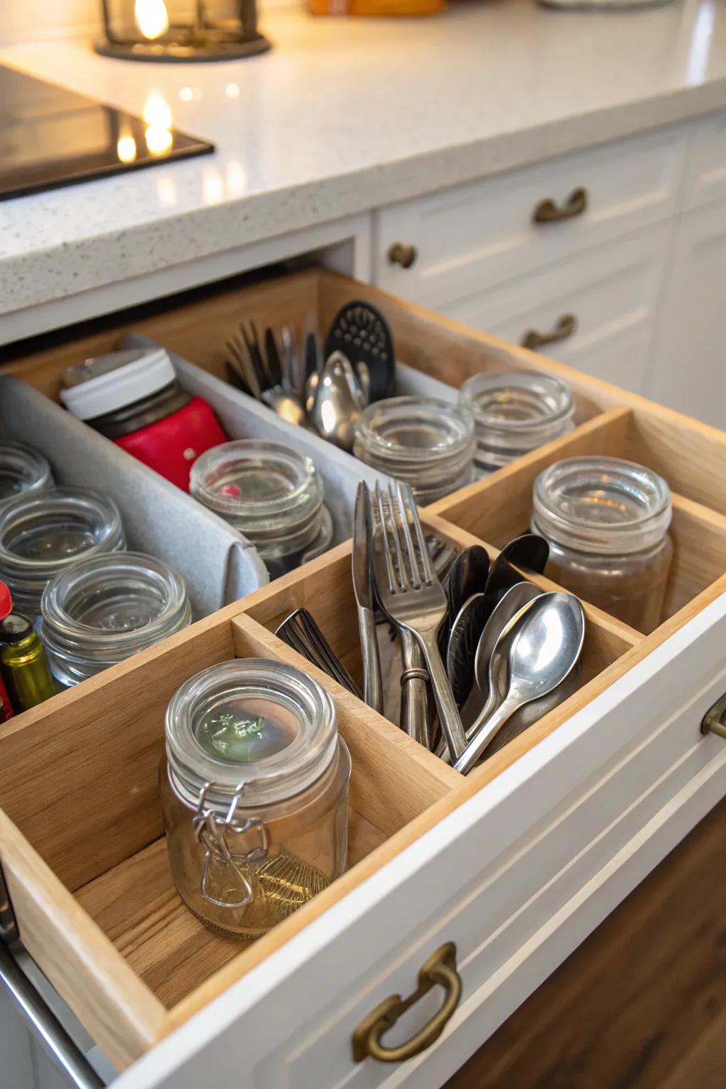 Mason jars used creatively for utensil organization.