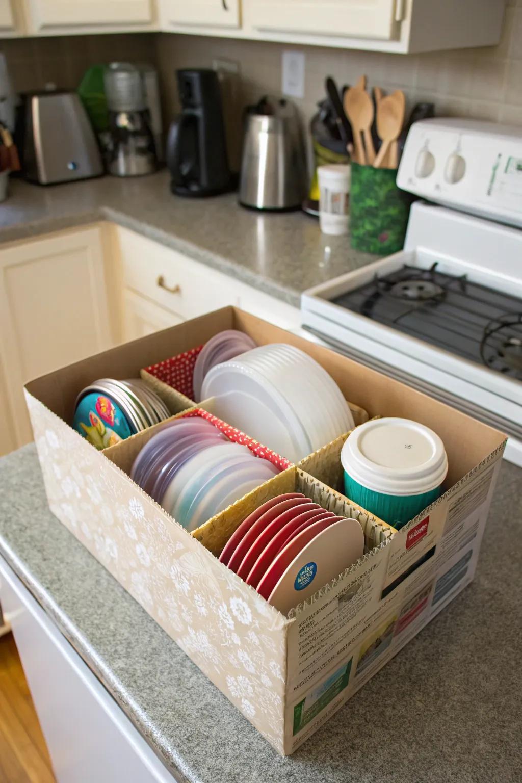Cereal box repurposed as an organizer for plastic lids.