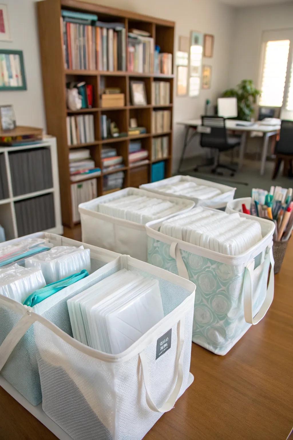 Transparent storage bags keep tissue paper visible and clean.