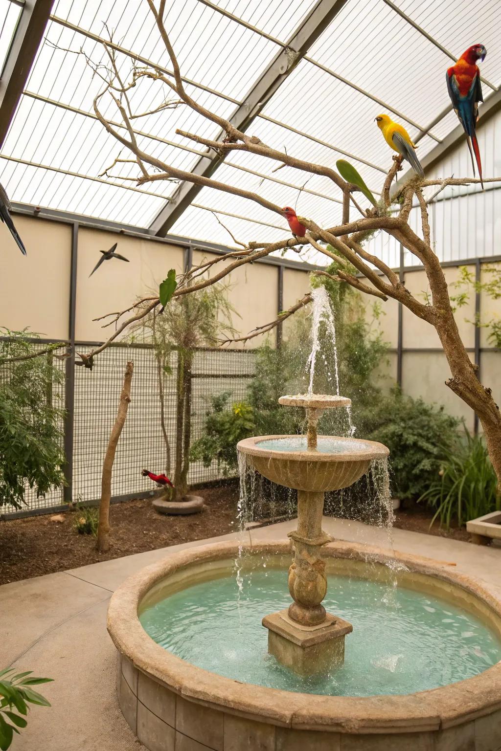 An aviary enhanced by the serenity of water features.