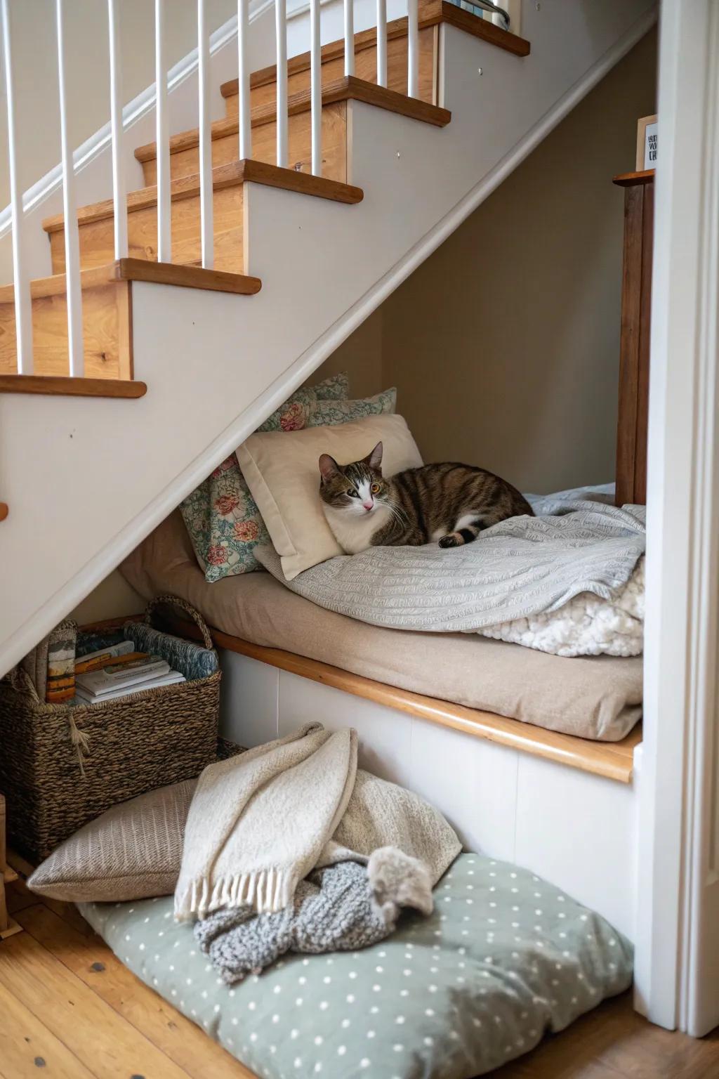 A clever under-stair nook for secretive cats.