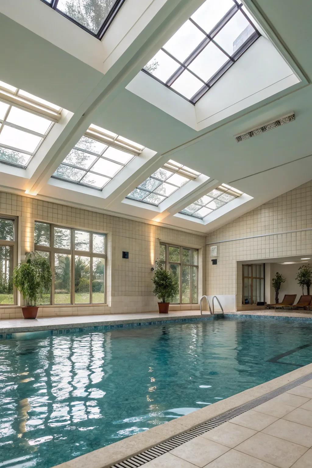 An indoor pool bathed in natural light from skylights