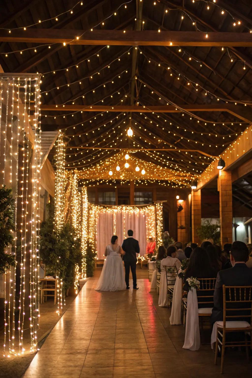 Fairy light curtains adding whimsy and magic to the wedding.