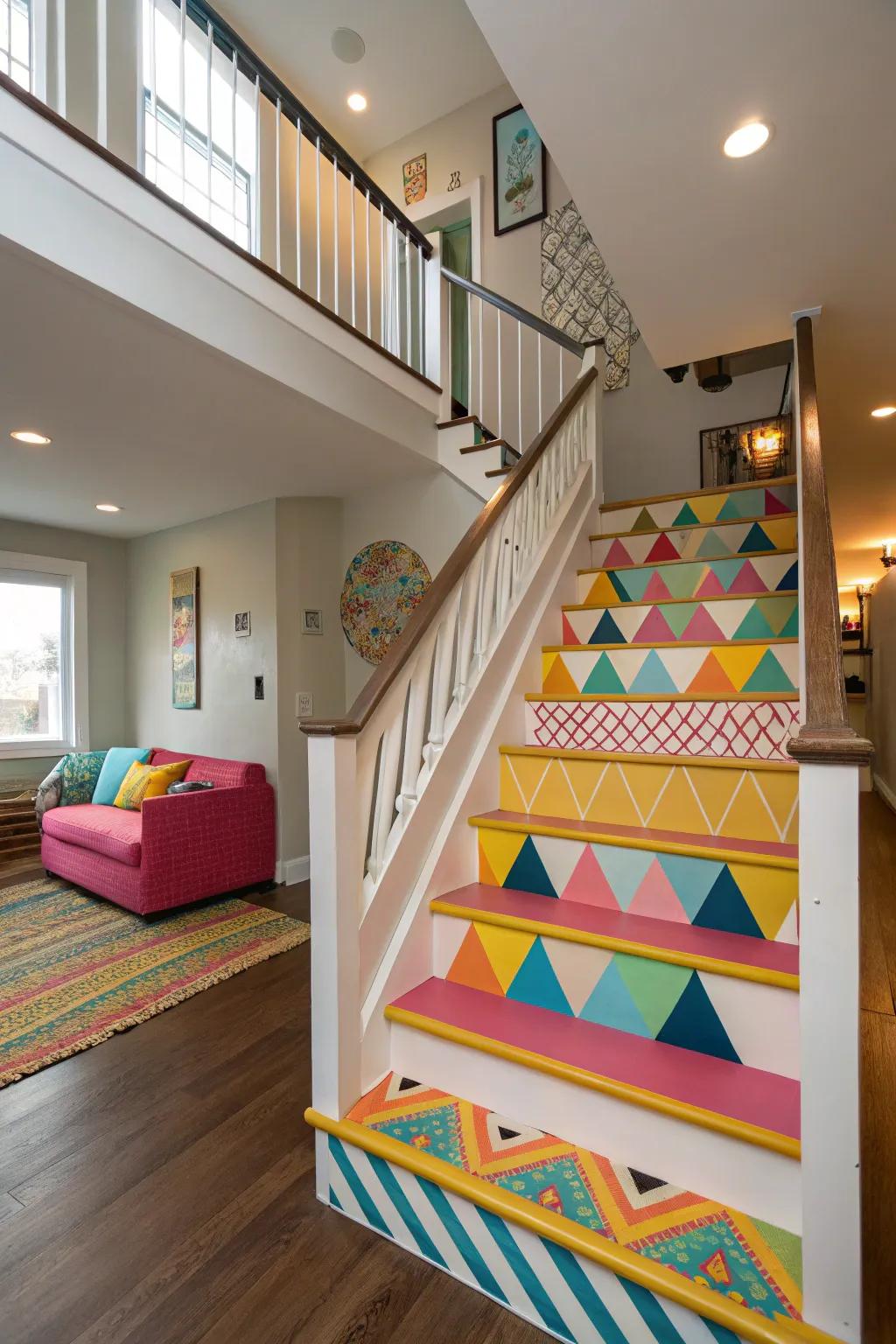 Express creativity by adding bold colors or patterns to your staircase.