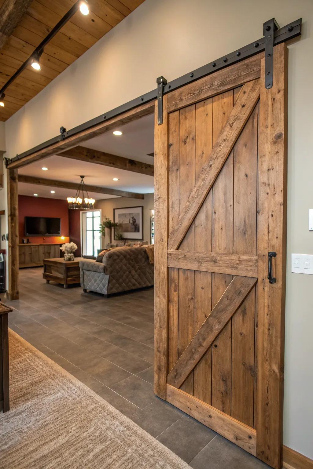 Sliding barn doors add rustic charm and functionality.