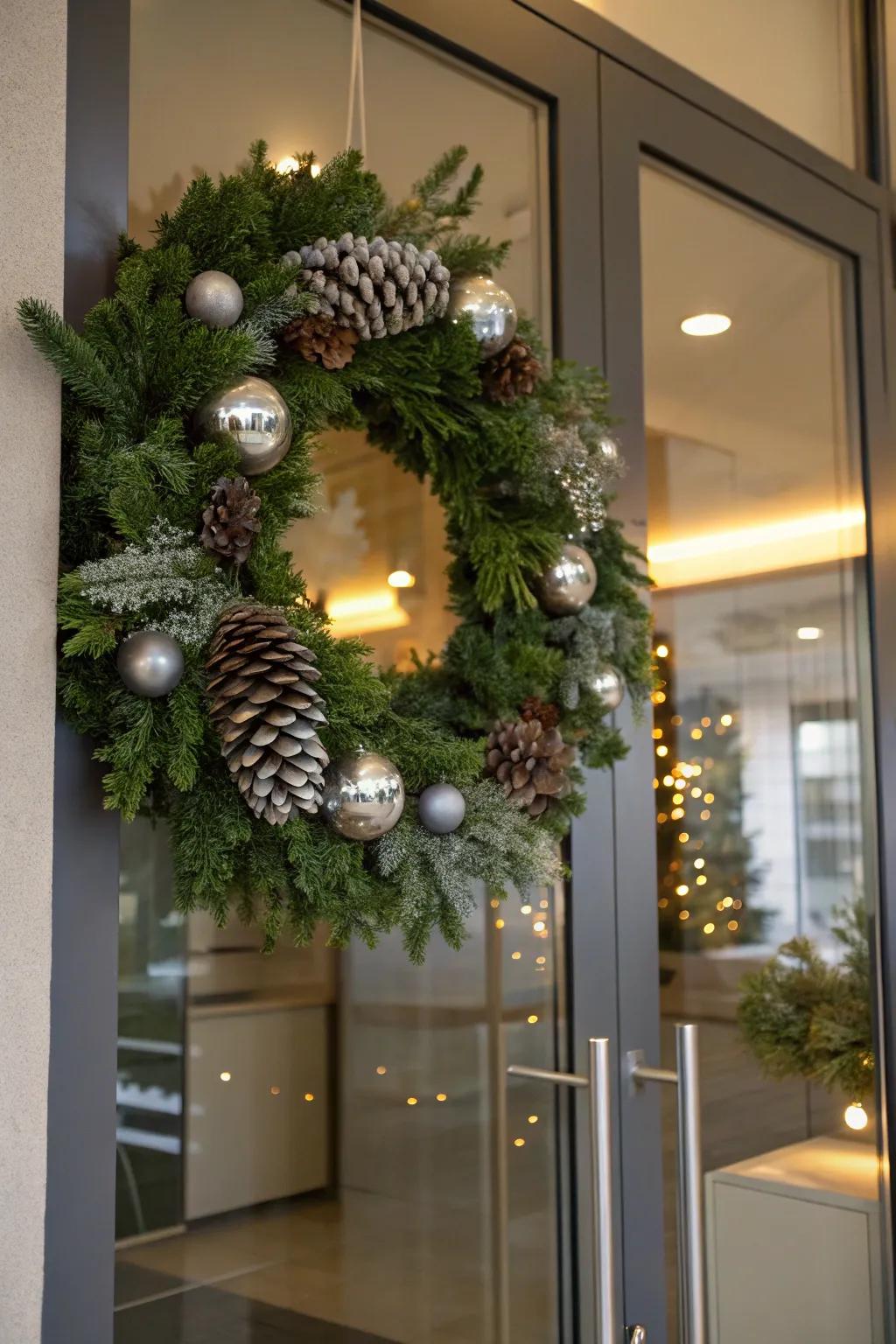 Metallic accents add a chic and modern flair to winter wreaths.