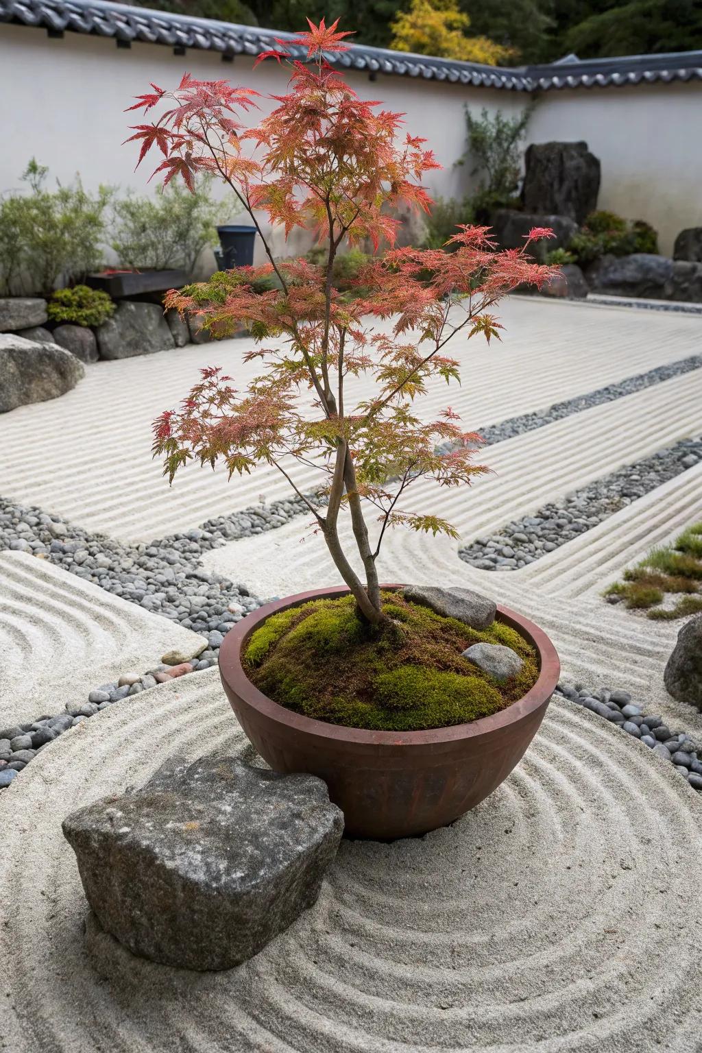 Serenity with a Zen garden-inspired Japanese maple pot.