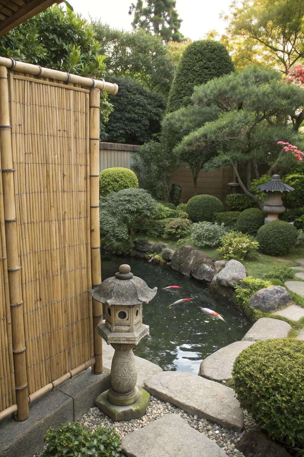 A bamboo screen providing privacy in a Japanese garden.