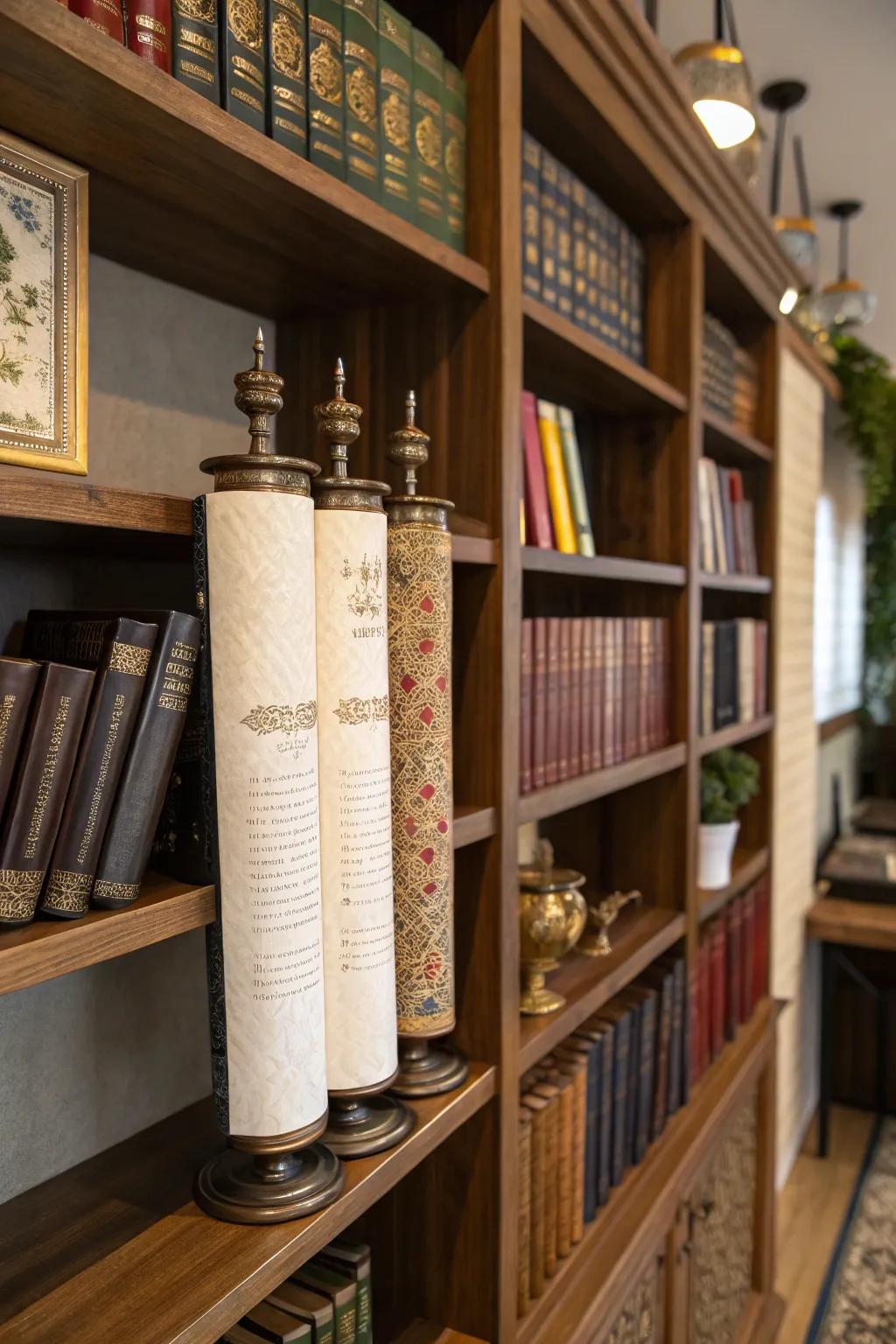 Miniature Torah scrolls adding an educational touch to decor.