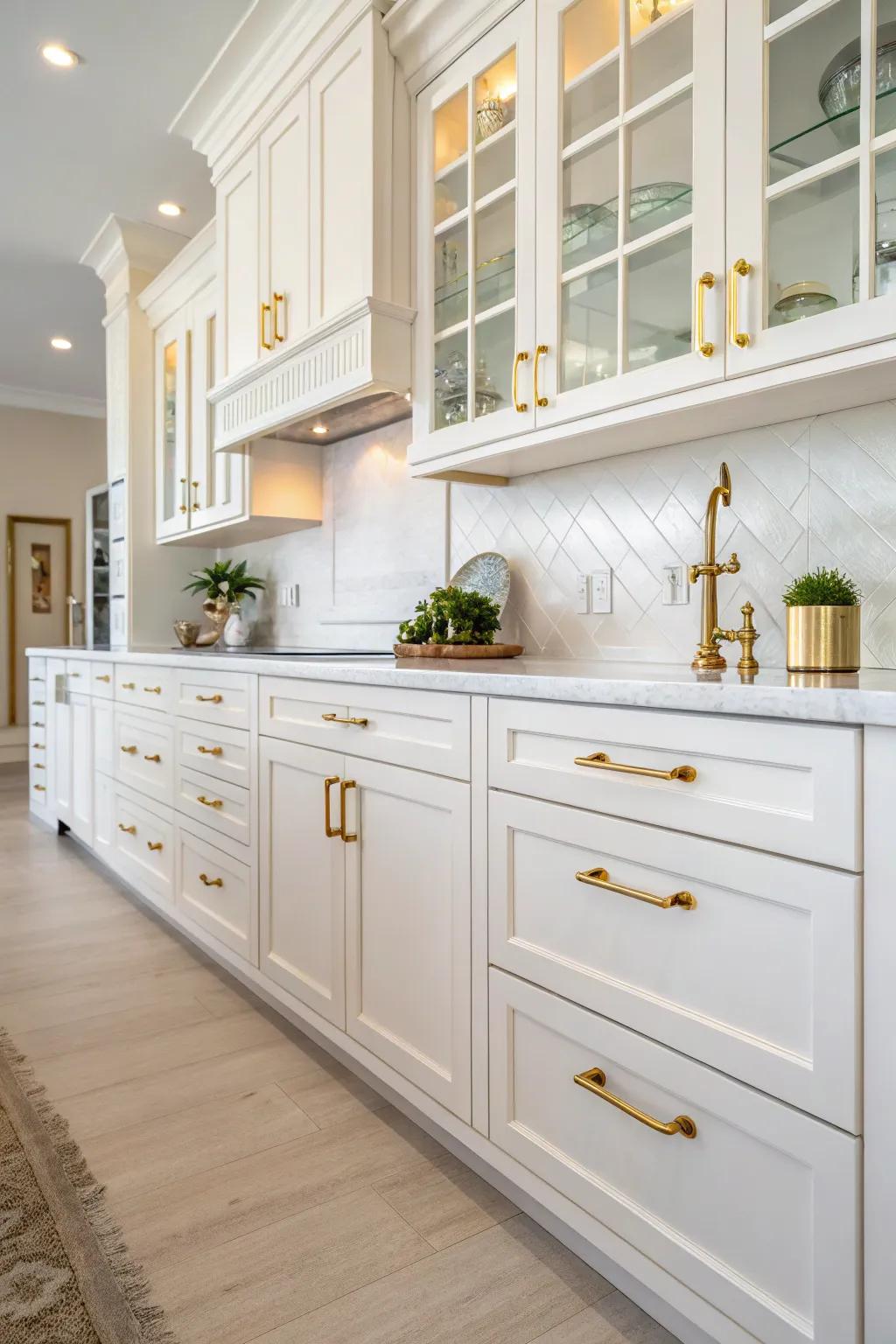 Elegant gold-accented hardware that elevates the kitchen's luxury.