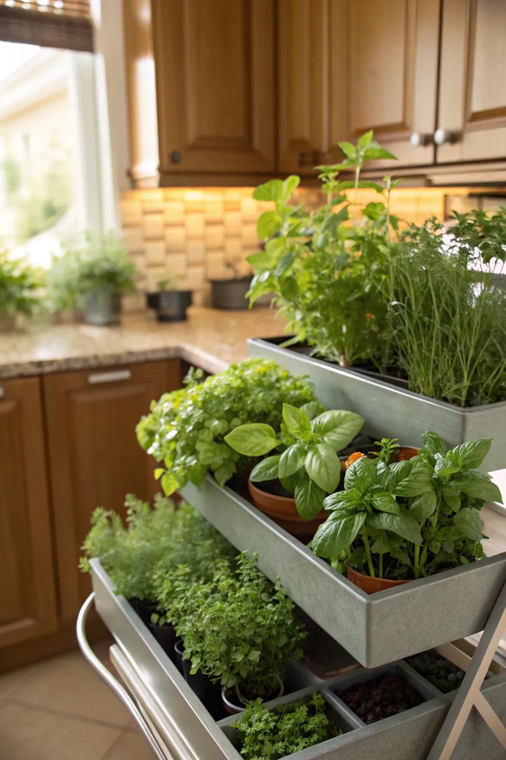 Cultivate an indoor herb haven with tiered planters.