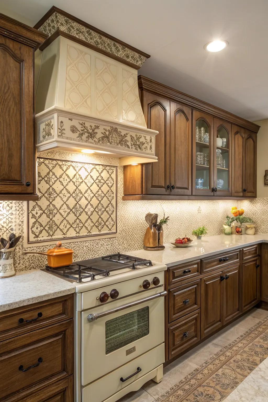 Vintage-style laminate backsplash for a nostalgic kitchen vibe.