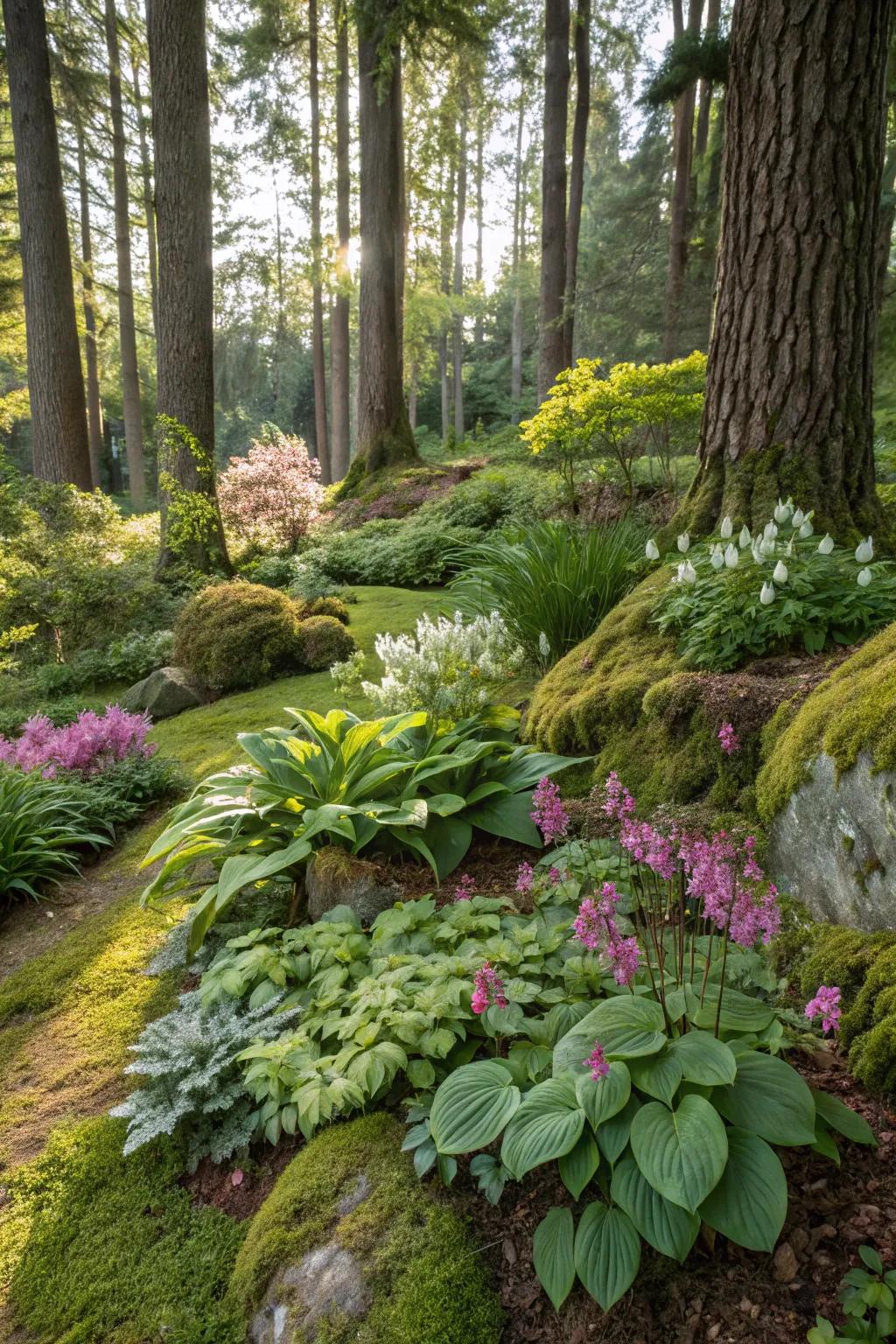 A vibrant shade garden adding contrast to the woods.