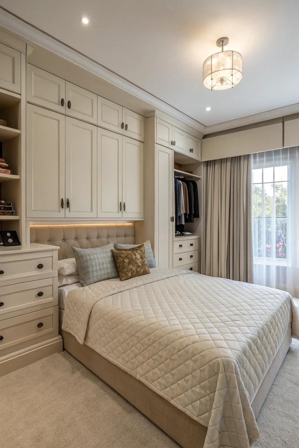 Functional storage keeps this large bedroom elegant and clutter-free.