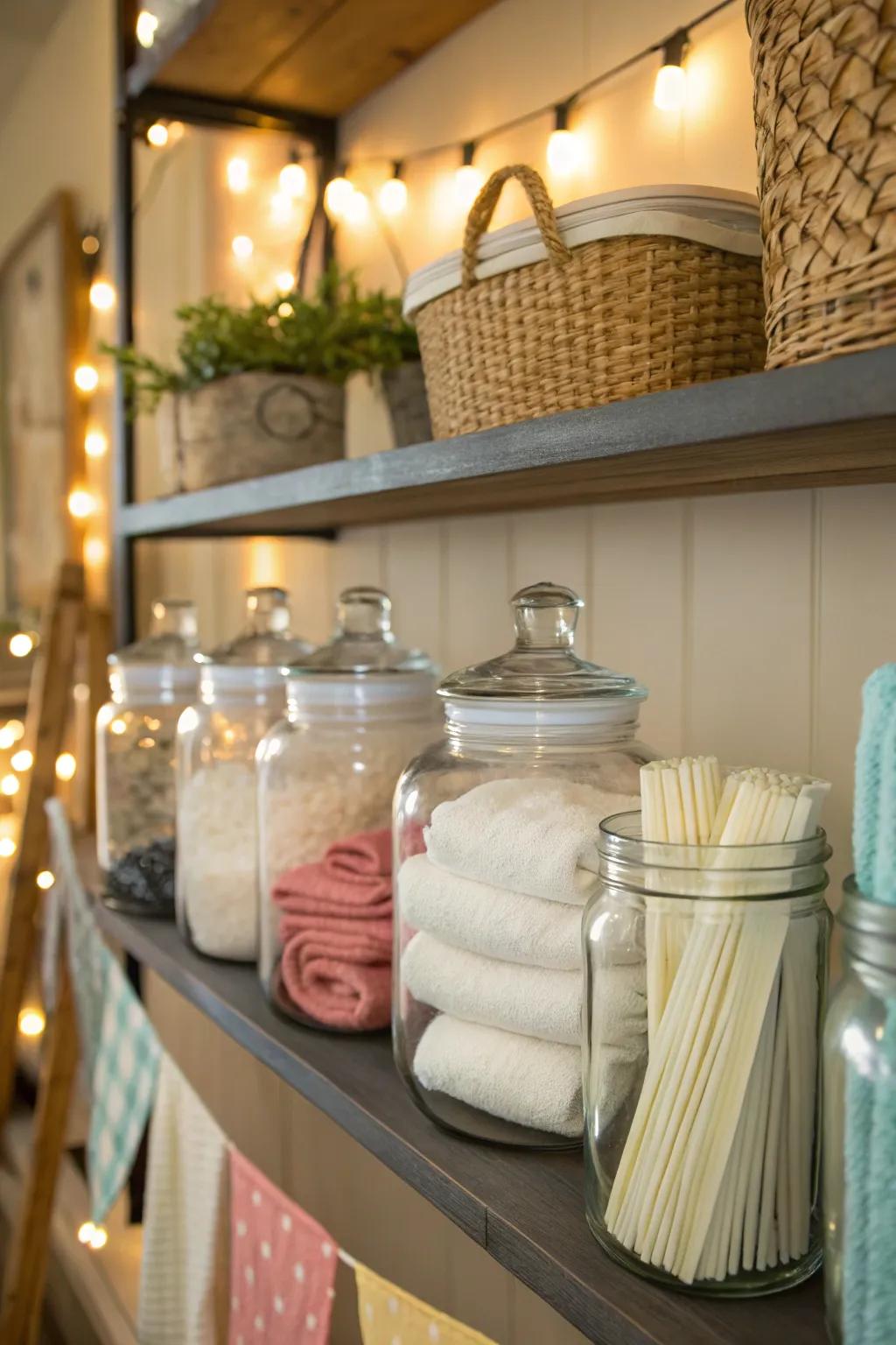 Jars can store more than just laundry supplies, enhancing utility.