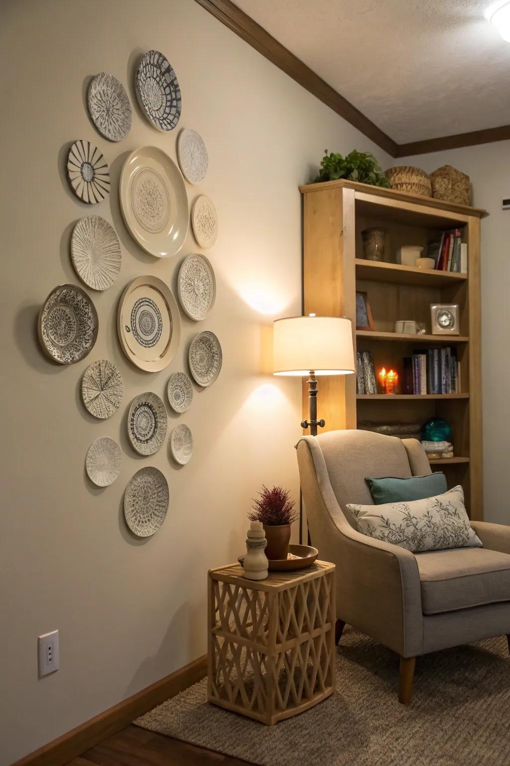 A mindful art installation made from plates, bringing serenity to a home.