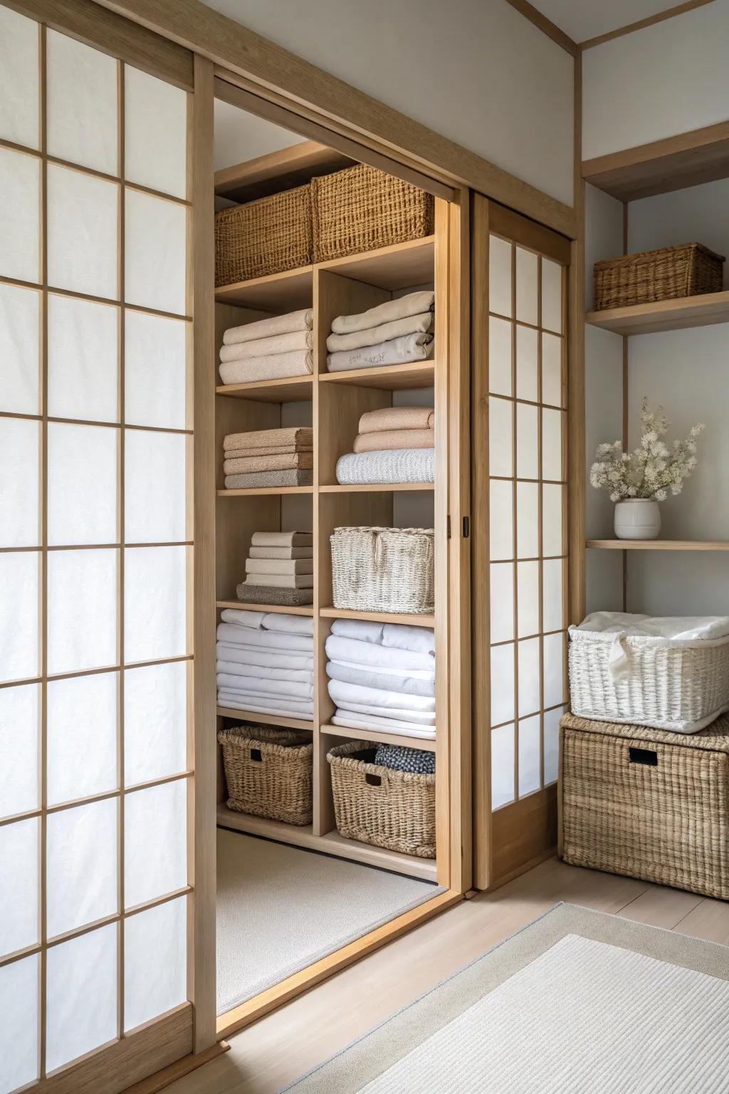 Sliding shoji screens provide elegance and tranquility to a linen closet.