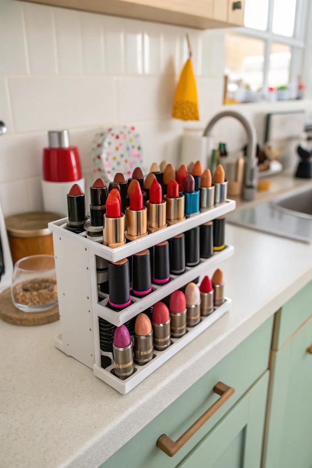 A quirky lipstick solution using a spice rack.