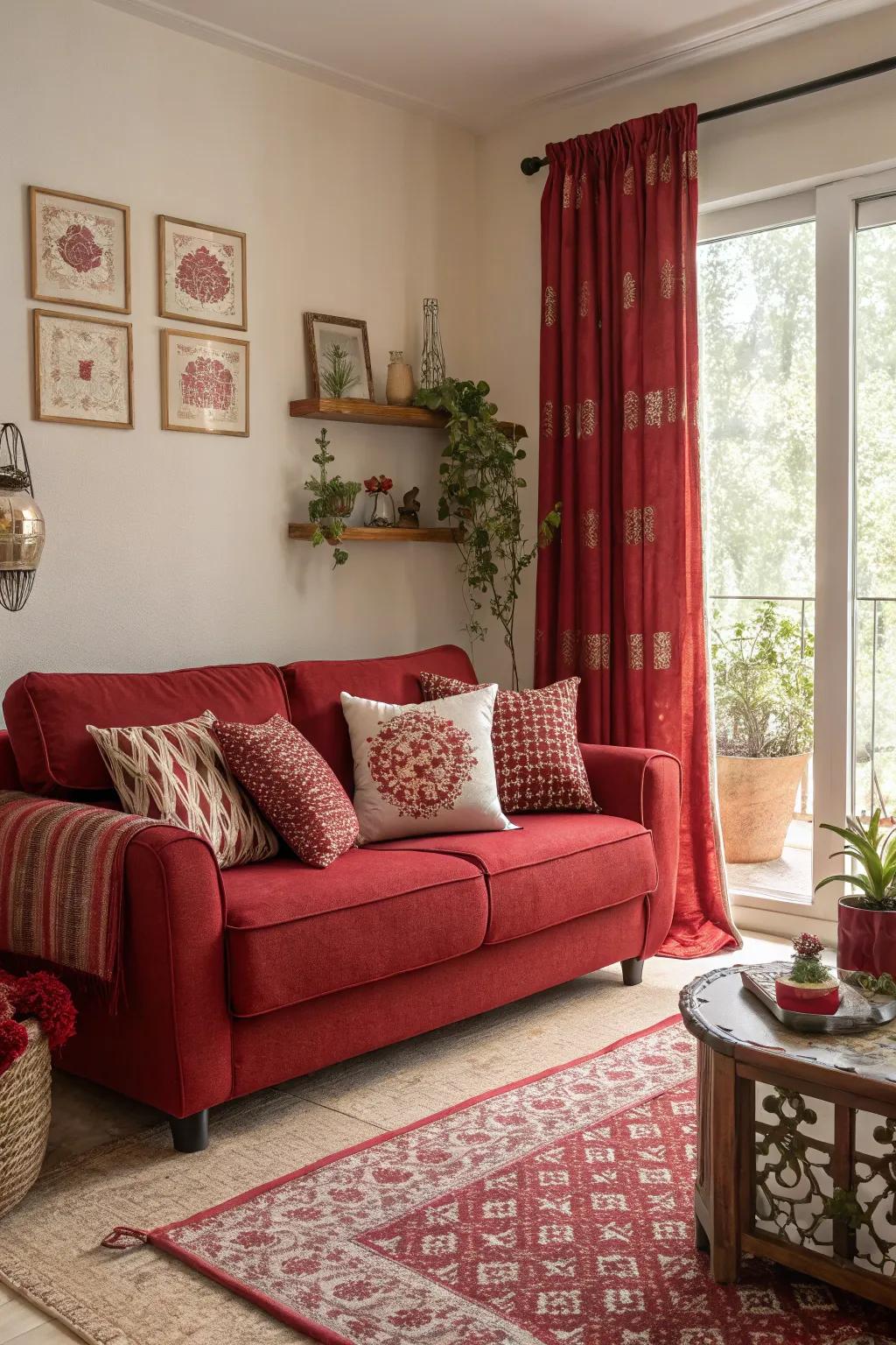 A monochromatic red scheme ties the room together for a bold and cohesive look.