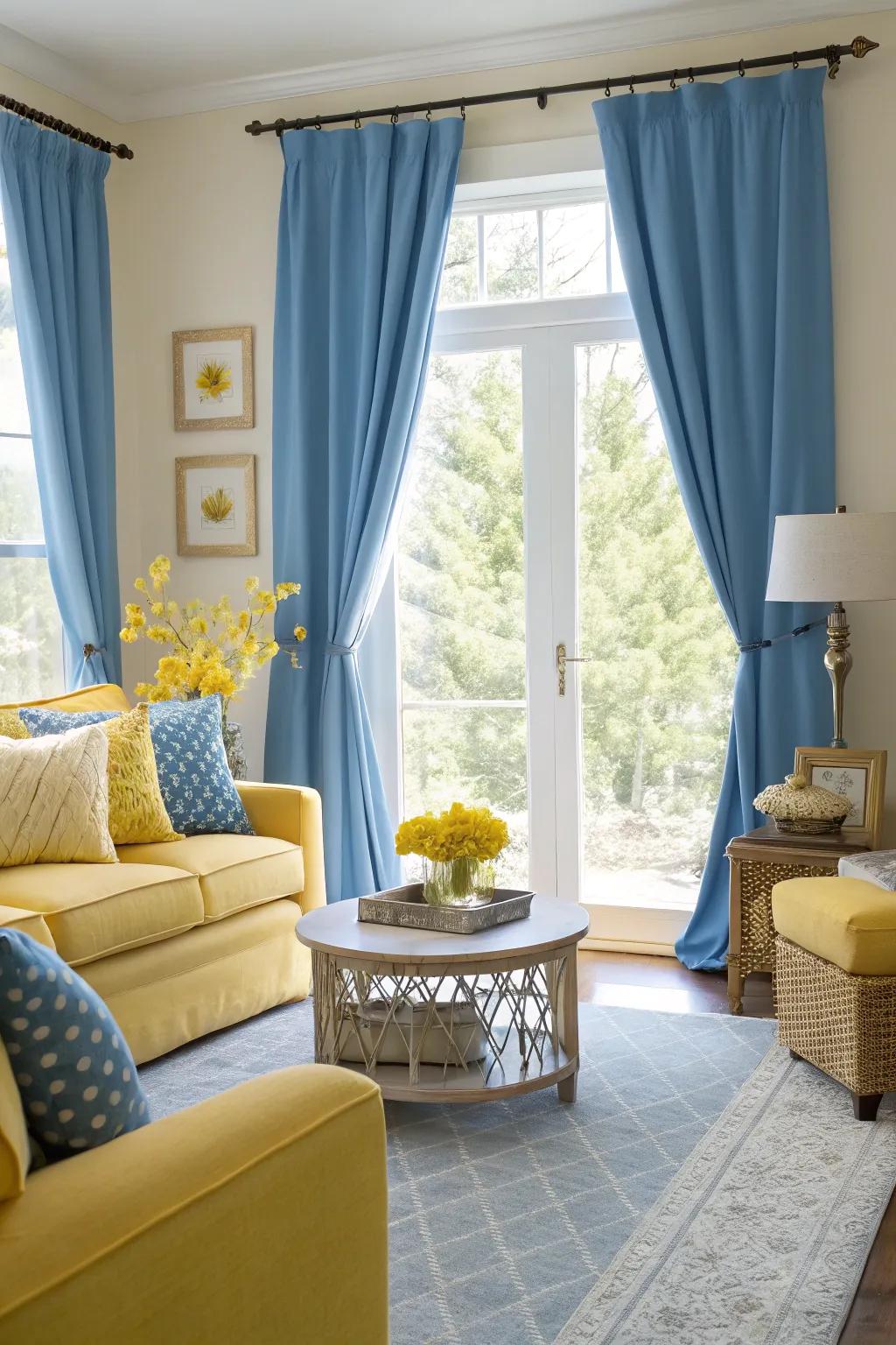 Yellow accents add a cheerful contrast to blue curtains, creating an energetic and sunny living space.