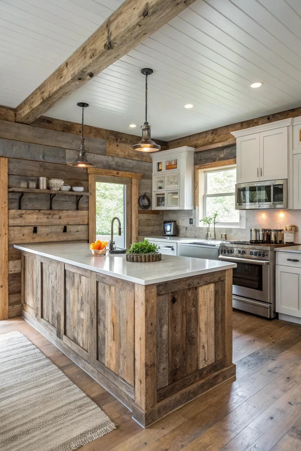 Reclaimed barn wood adds historical charm to this kitchen setting.