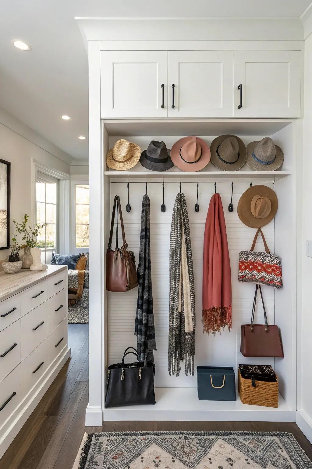Hooks offer a smart way to organize accessories.