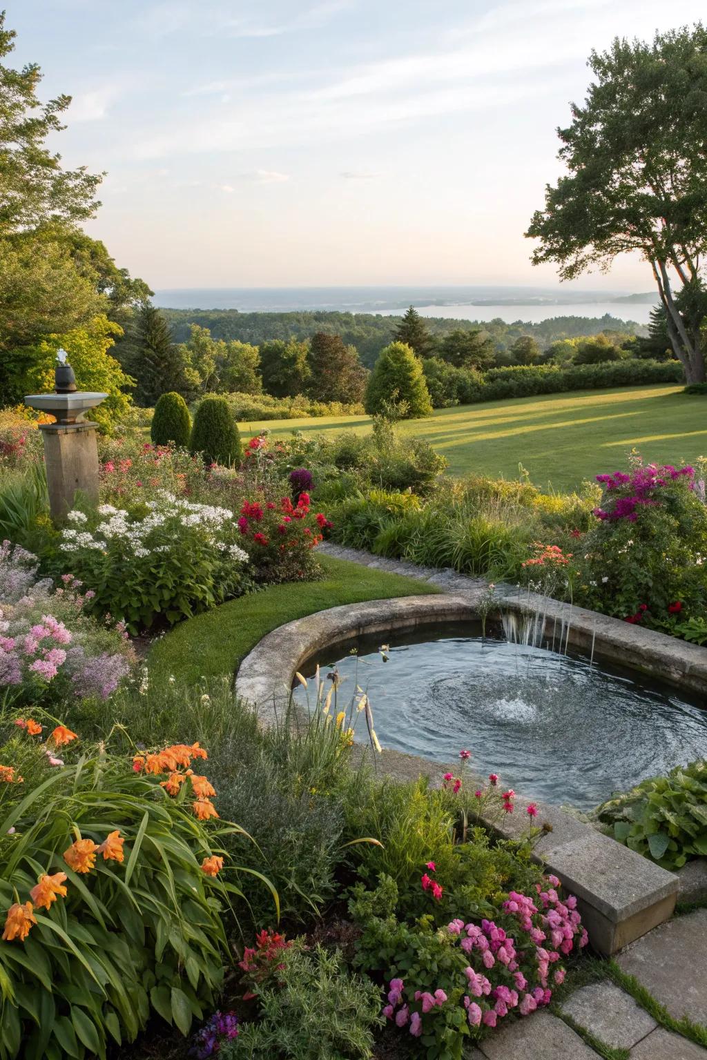 A gentle water feature adds sound and life to the garden.