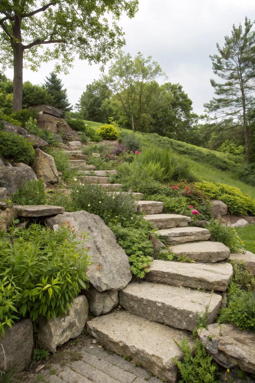 Stone steps offer graceful navigation.