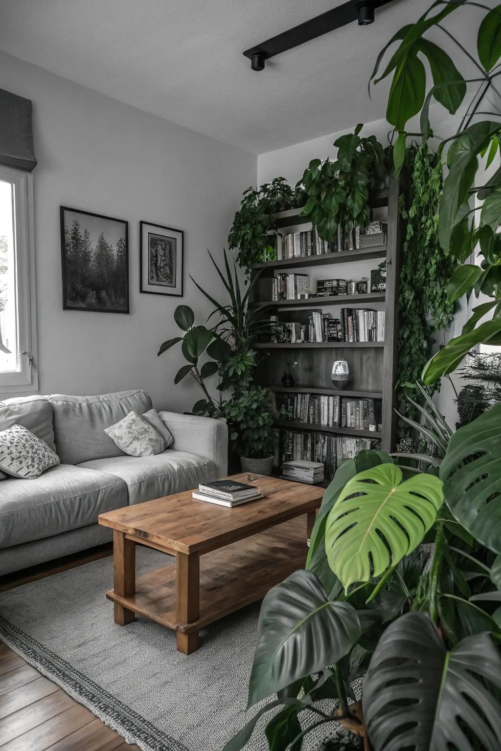 Plants introduce a refreshing touch of nature to the living room.