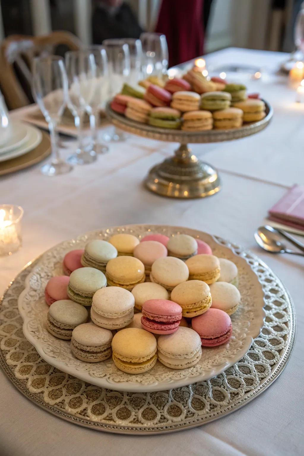 Macarons arranged on a decorative platter.