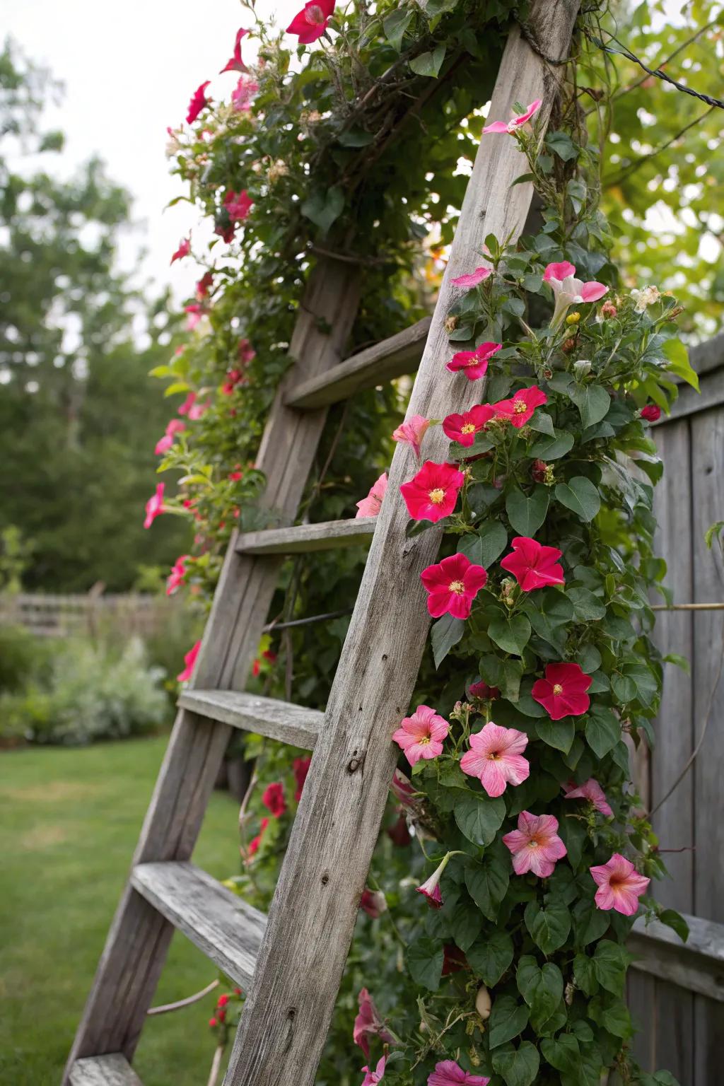 A repurposed ladder serves as a rustic trellis for blooming mandevilla.