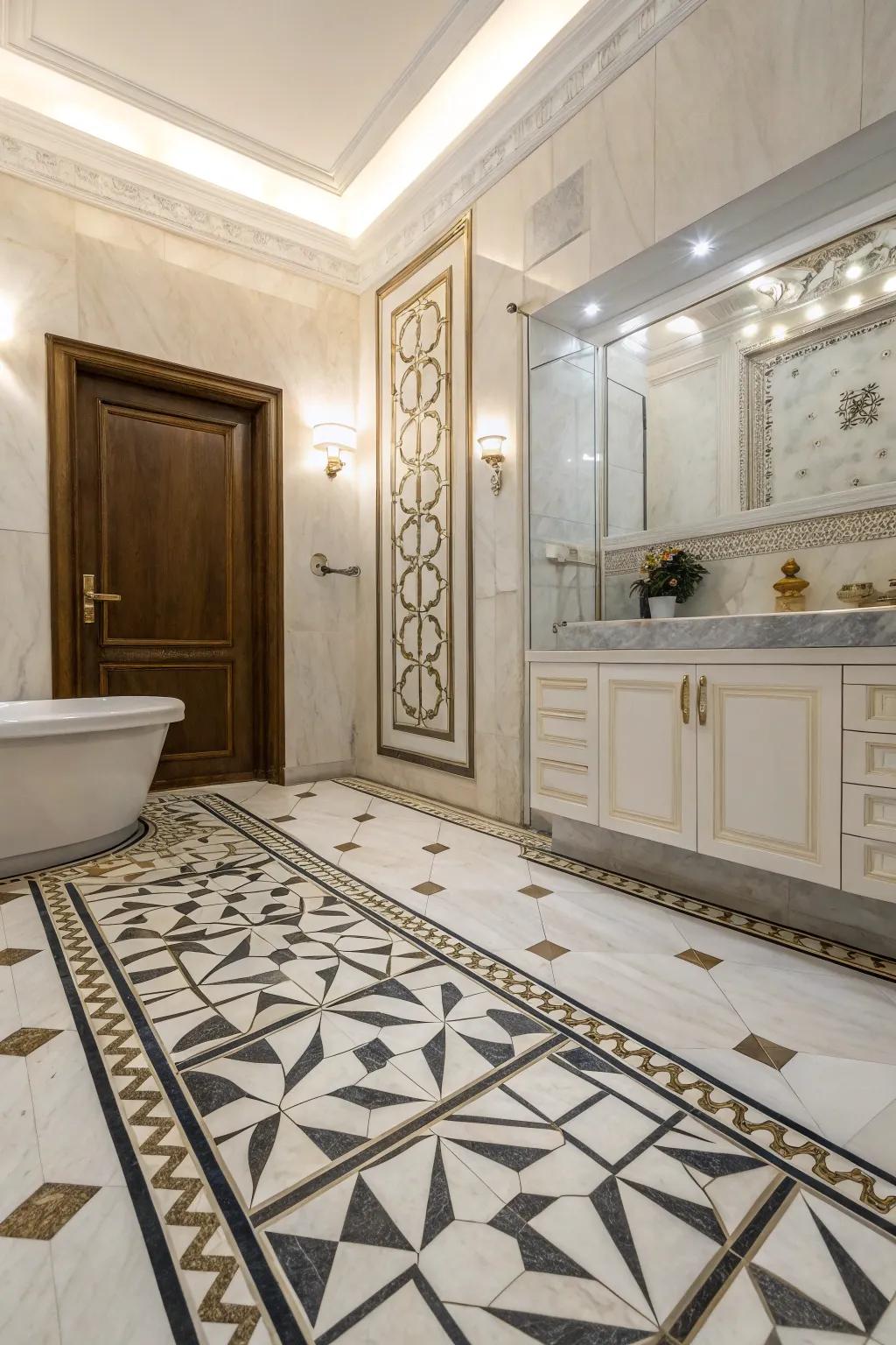 Geometric marble flooring adds depth and elegance.